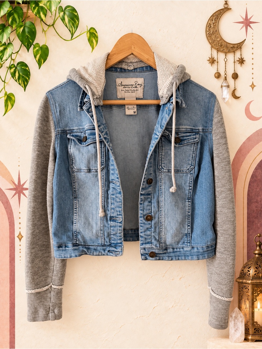 American Rag Denim Hoodie Jacket Blue & Gray Size Medium